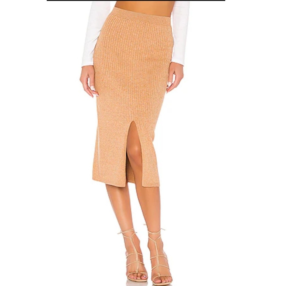 Free People Skyline Midi Skirt L Beige Ribbed Knit Front Slit Minimalist Stretch